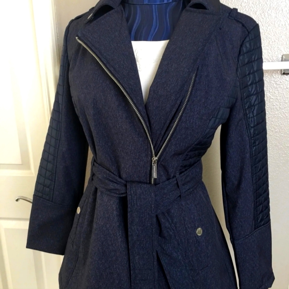 Asymmetrical Belted Coat Navy Size MMICHAEL Michael Kors